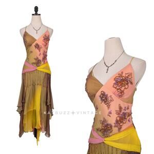 Vintage Tiffany Prom Dress Maxi Gown 8 Multi Y2K Fairy Nymph Bead Ruffle Boho